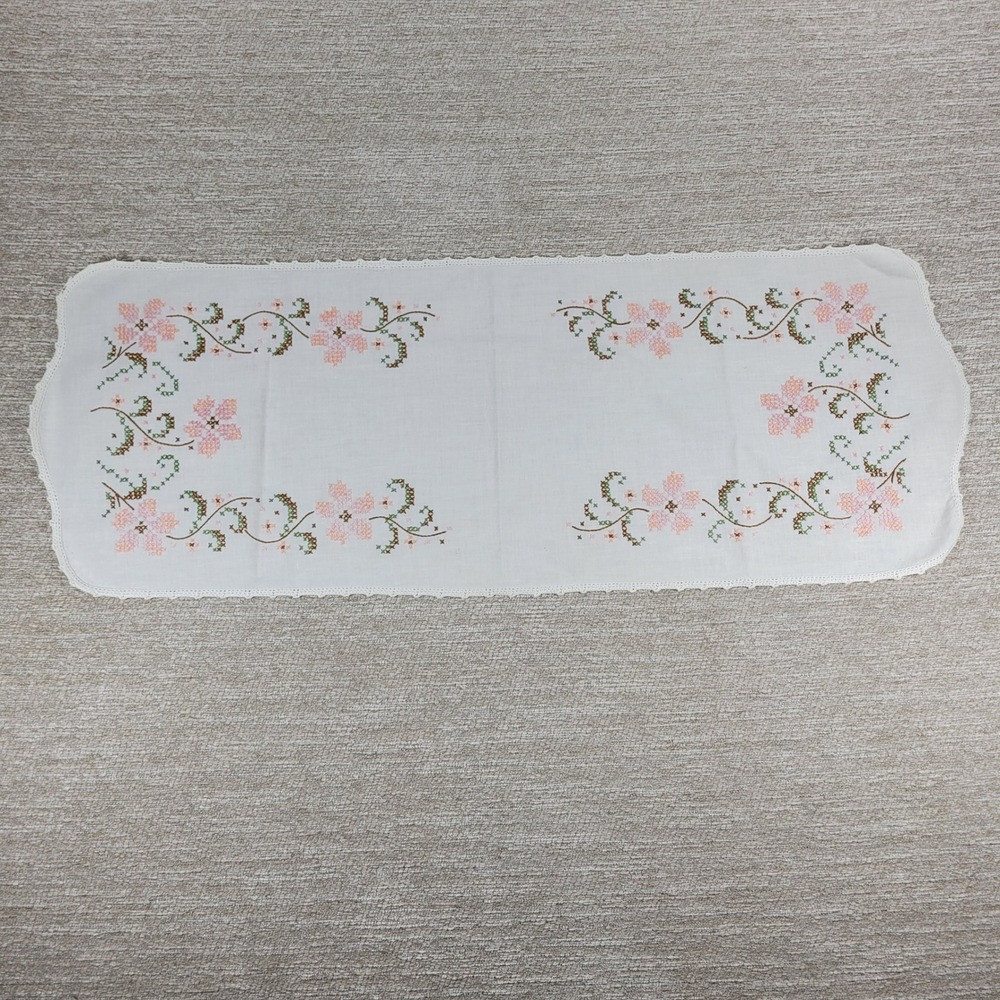 VTG Hand Embroidered Floral Dresser Scarf Doily Pink Green Scalloped Lace Trim